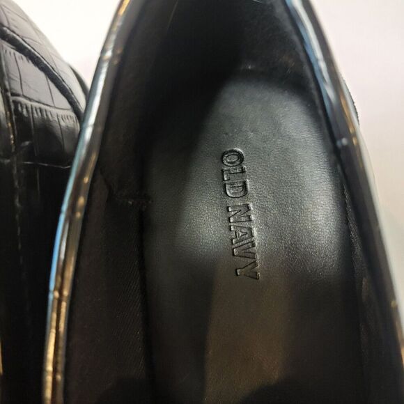 Old Navy Loafers Women 8.5 Black Croc Faux Leather Chunky Heel Gold Accent Strap - Picture 14 of 16